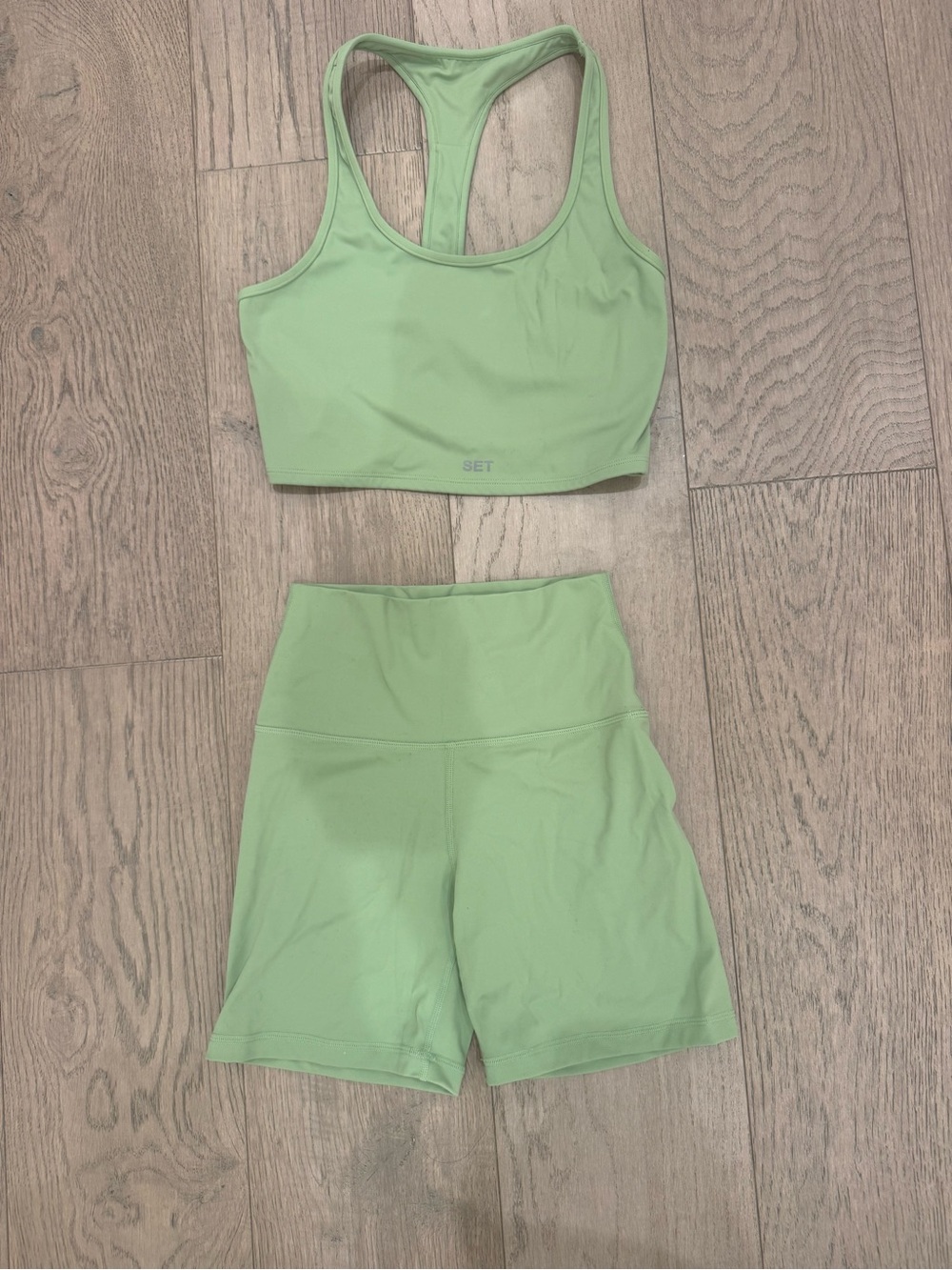 SET Active Light Green Sports Bra and High-Waist Bike Shorts